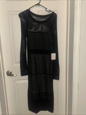 VENUS Black Crochet Knit Long Sleeve Midi Dress